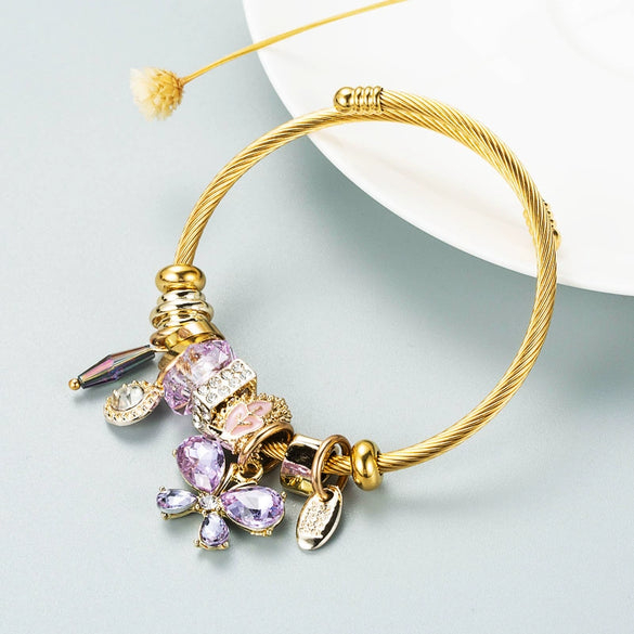 Women's Gold Tone Butterfly Multi Element Pendant Bracelet In Alloy With Electroplated Finish