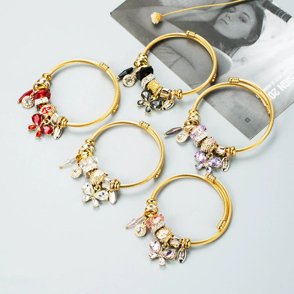 Women's Gold Tone Butterfly Multi Element Pendant Bracelet In Alloy With Electroplated Finish