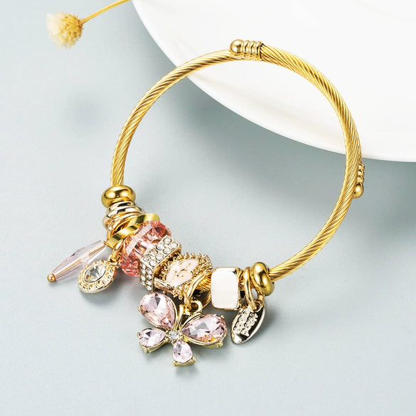 Women's Gold Tone Butterfly Multi Element Pendant Bracelet In Alloy With Electroplated Finish