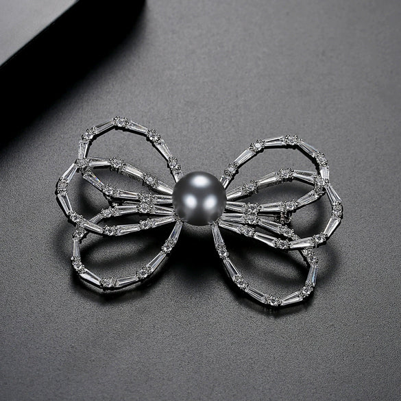 Women's Gold Tone Copper Bow Brooch With Shell Pearl Accents Elegant Decorative Corsage Jewelry Gift