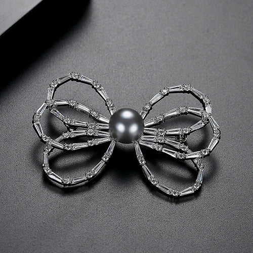 Women's Gold Tone Copper Bow Brooch With Shell Pearl Accents Elegant Decorative Corsage Jewelry Gift
