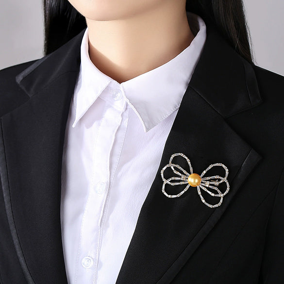 Women's Gold Tone Copper Bow Brooch With Shell Pearl Accents Elegant Decorative Corsage Jewelry Gift
