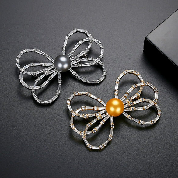Women's Gold Tone Copper Bow Brooch With Shell Pearl Accents Elegant Decorative Corsage Jewelry Gift