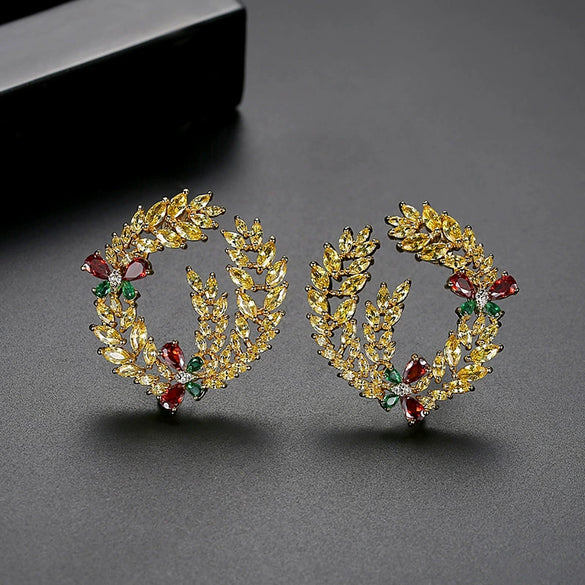 Women's Gold Tone Copper Bow Earrings With Wheat Ear And Floral Details Electroplated Zircon Fashion Jewelry Set