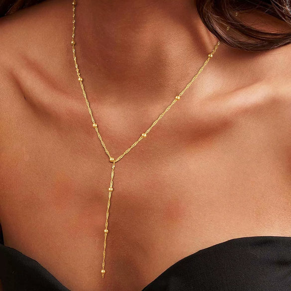 Women's Gold Tone Copper Geometric Water Ripple Bead Studded Y Shaped Necklace With Electroplated Simple Style Regular Chain