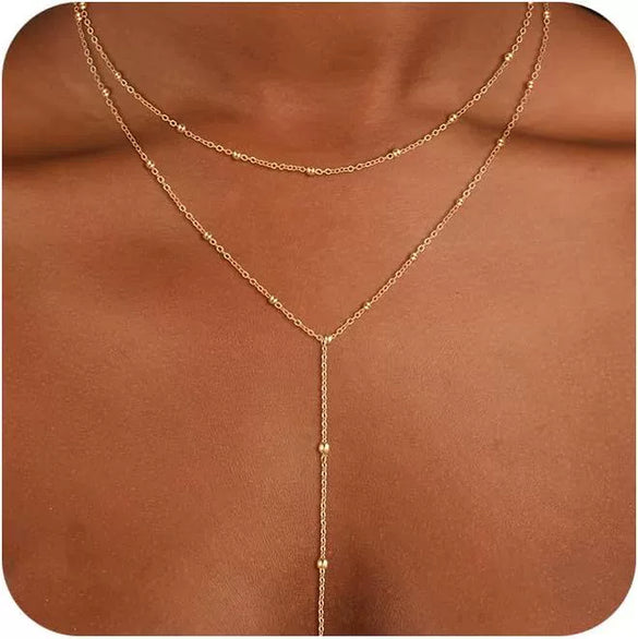 Women's Gold Tone Copper Geometric Water Ripple Bead Studded Y Shaped Necklace With Electroplated Simple Style Regular Chain