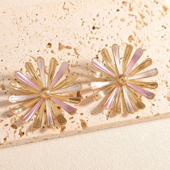 Women's Gold Tone Electroplated Geometric Flower Stud Earrings With Stainless Steel Ear Posts Fashion Jewelry