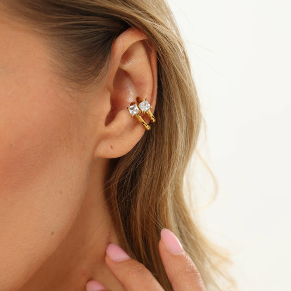 Women's Gold Tone Geometric Square Zircon Stainless Steel Ear Clips With Spring Closure For Nonpierced Ears