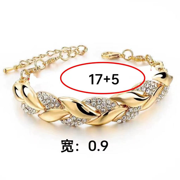 Women's Gold Tone Leaf Pattern Adjustable Bracelet Alloy Electroplated Jewelry With Full Diamond Embellishment