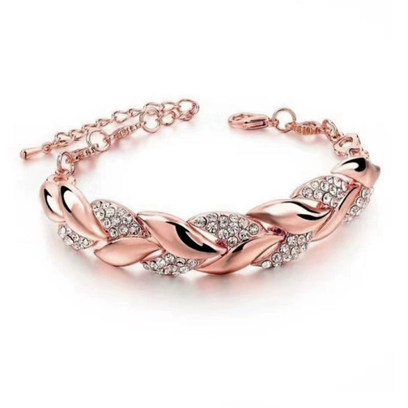 Women's Gold Tone Leaf Pattern Adjustable Bracelet Alloy Electroplated Jewelry With Full Diamond Embellishment