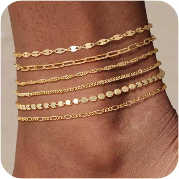 Women's Gold Tone Multi Layer Geometric Copper Anklet Set Simple Detachable Stacked Chain Fashion Ankle Jewelry