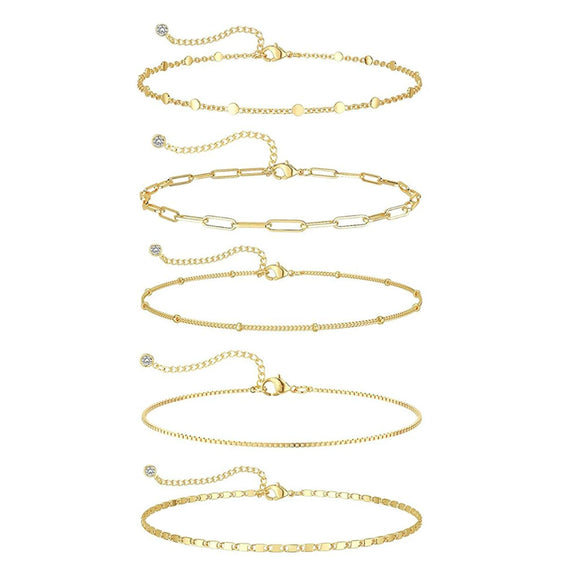 Women's Gold Tone Multi Layer Geometric Copper Anklet Set Simple Detachable Stacked Chain Fashion Ankle Jewelry