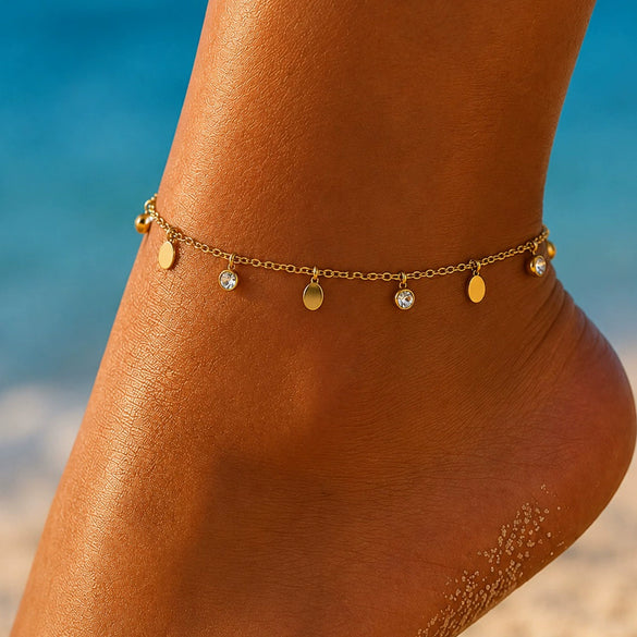Women's Gold Tone Stainless Steel Anklet With Star And Moon Pendant Delicate Chain Design With Glass Stone Inlay