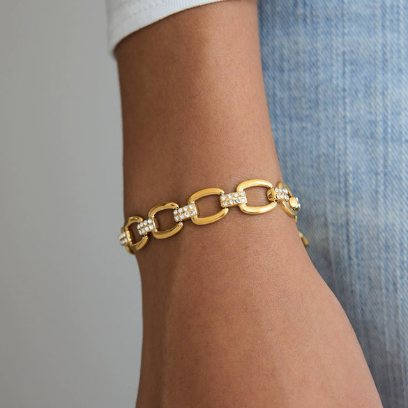 Women's Gold Tone Stainless Steel Geometric Rhinestone Chain Bracelet With Hypoallergenic Plated Finish