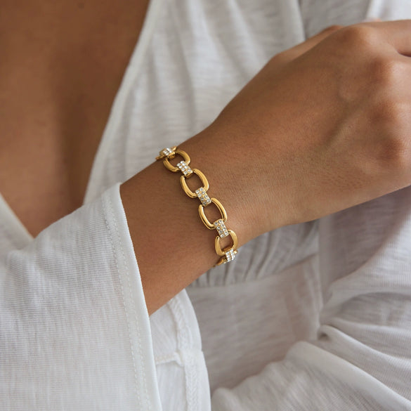 Women's Gold Tone Stainless Steel Geometric Rhinestone Chain Bracelet With Hypoallergenic Plated Finish