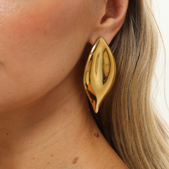 Women's Gold Tone Stainless Steel Leaf Geometric Teardrop Stud Earrings With Polished Electroplated Finish