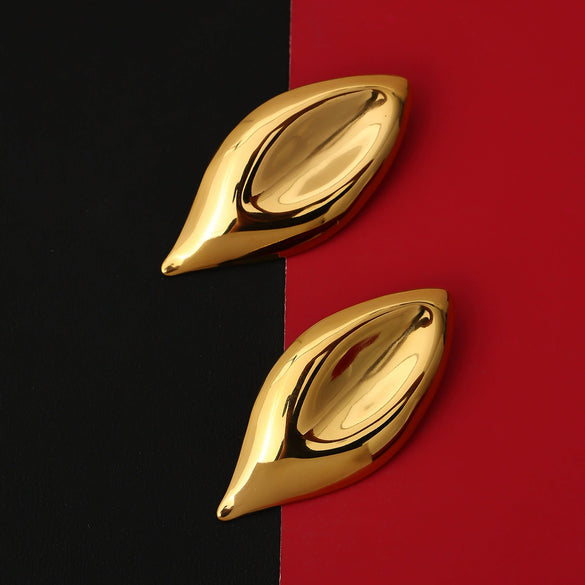 Women's Gold Tone Stainless Steel Leaf Geometric Teardrop Stud Earrings With Polished Electroplated Finish