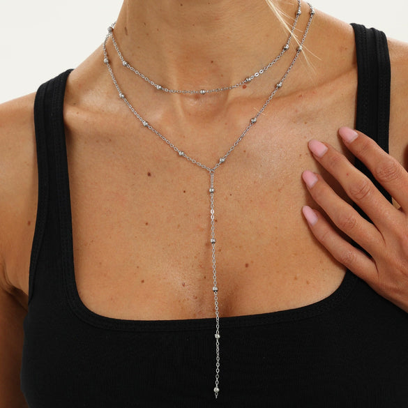 Women's Gold Tone Stainless Steel Round Bead Chain Necklace Yshaped Long Layering Design With Lobster Clasp