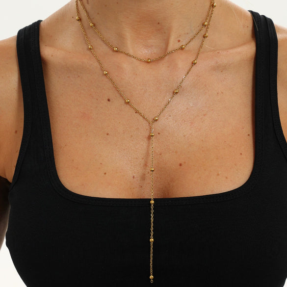 Women's Gold Tone Stainless Steel Round Bead Chain Necklace Yshaped Long Layering Design With Lobster Clasp