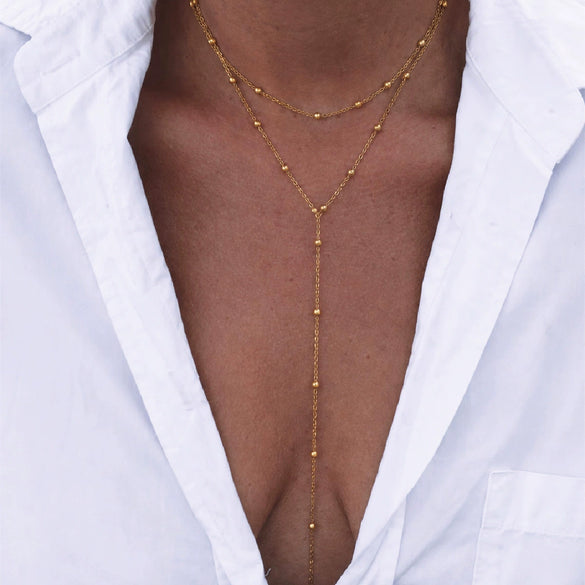 Women's Gold Tone Stainless Steel Round Bead Chain Necklace Yshaped Long Layering Design With Lobster Clasp