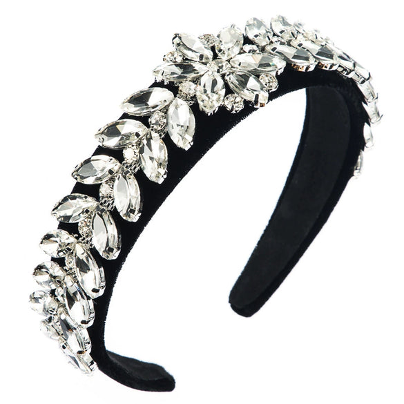 Women's Gold Velvet Wide Headband With Leaf And Flower Rhinestone Design Versatile Elegant Hair Accessory