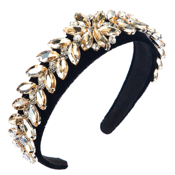 Women's Gold Velvet Wide Headband With Leaf And Flower Rhinestone Design Versatile Elegant Hair Accessory