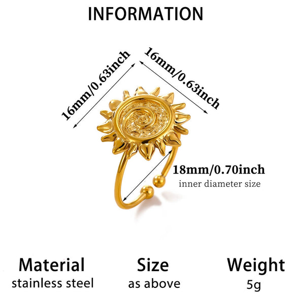Women's Goldplated Copper Geometric Open Ring With Sunflower Pattern And Adjustable Minimalist Band