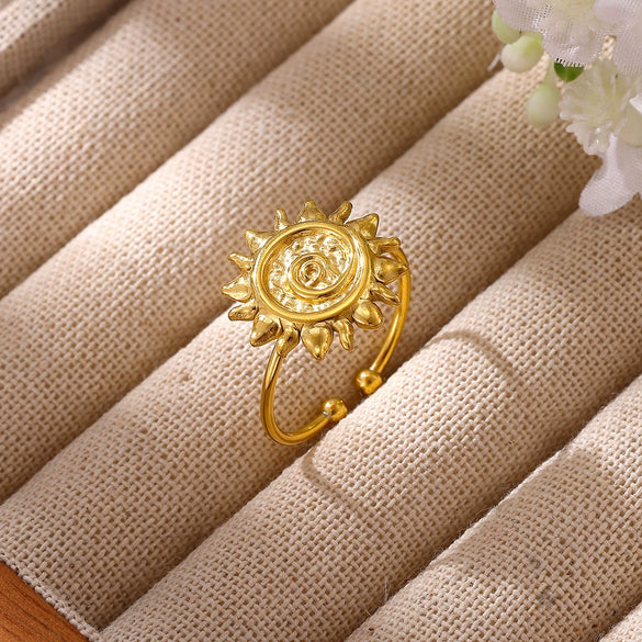 Women's Goldplated Copper Geometric Open Ring With Sunflower Pattern And Adjustable Minimalist Band
