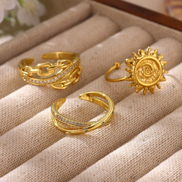 Women's Goldplated Copper Geometric Open Ring With Sunflower Pattern And Adjustable Minimalist Band