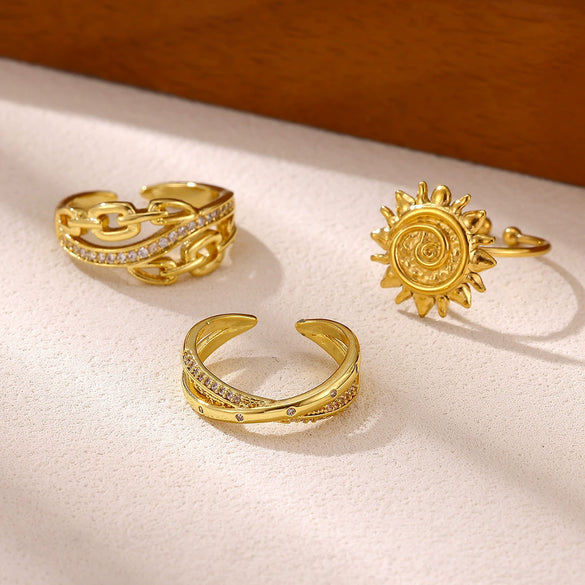 Women's Goldplated Copper Geometric Open Ring With Sunflower Pattern And Adjustable Minimalist Band