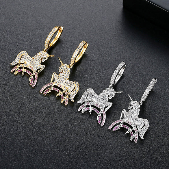 Women's Goldplated Copper Pony Zodiac Earrings With Zircon Inlay And Fashion Animal Design