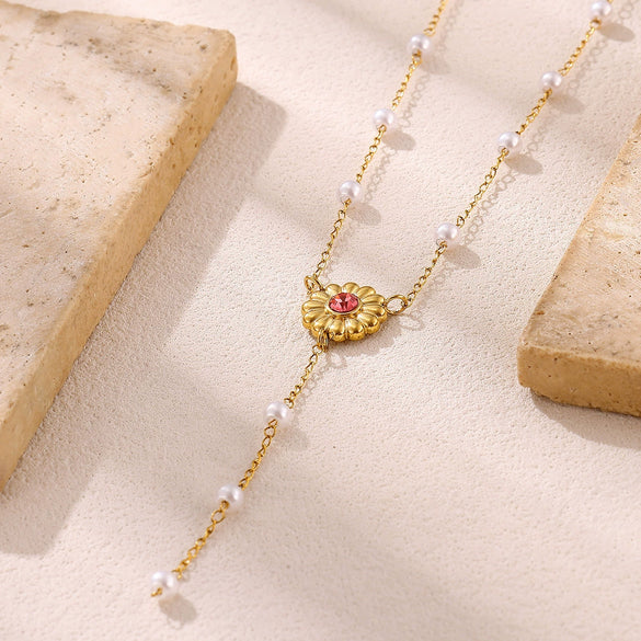 Women's Goldplated Floral Heart Pearl Y Necklace With Baroqueinspired Pendant And Ochain Design