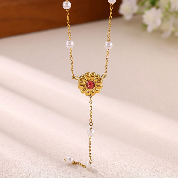 Women's Goldplated Floral Heart Pearl Y Necklace With Baroqueinspired Pendant And Ochain Design