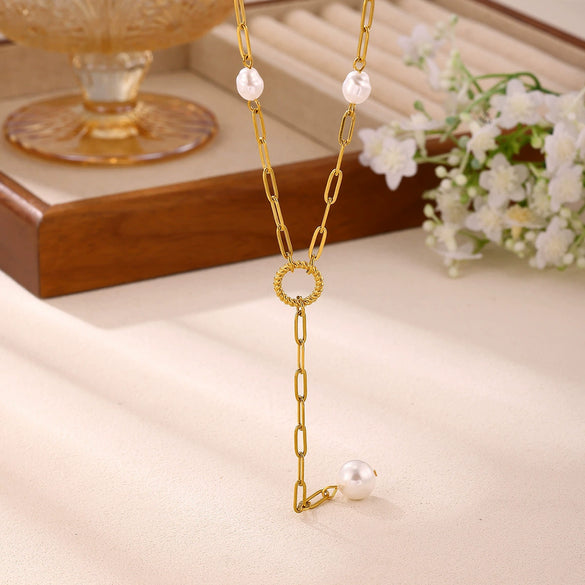 Women's Goldplated Floral Heart Pearl Y Necklace With Baroqueinspired Pendant And Ochain Design