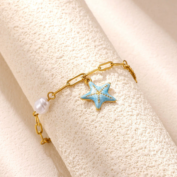 Women's Goldplated Stainless Steel Bracelet With Imitation Pearl Starfish Seashell And Coconut Tree Charms Geometric Design