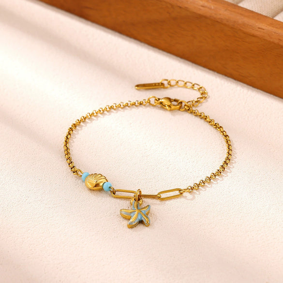 Women's Goldplated Stainless Steel Bracelet With Imitation Pearl Starfish Seashell And Coconut Tree Charms Geometric Design