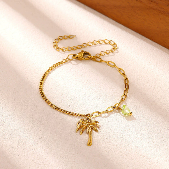 Women's Goldplated Stainless Steel Bracelet With Imitation Pearl Starfish Seashell And Coconut Tree Charms Geometric Design