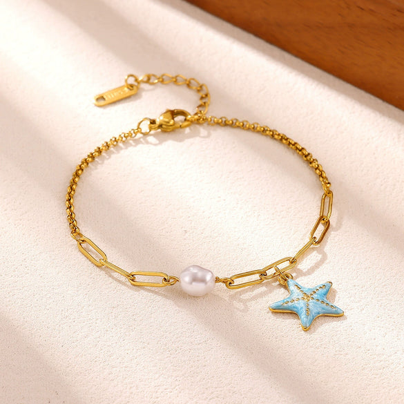 Women's Goldplated Stainless Steel Bracelet With Imitation Pearl Starfish Seashell And Coconut Tree Charms Geometric Design