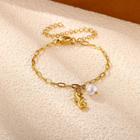 Women's Goldplated Stainless Steel Bracelet With Imitation Pearl Starfish Seashell And Coconut Tree Charms Geometric Design