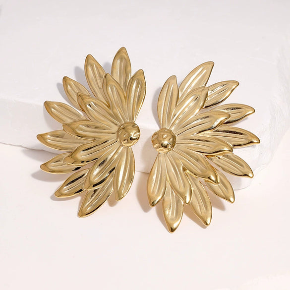 Women's Goldplated Stainless Steel Floral Stud Earrings With Minimalist Modern Botanical Design