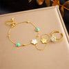 Women's Goldplated Stainless Steel Flower Jewelry Set With Blue Turquoise Accessories Including Chain Bracelet And Ring