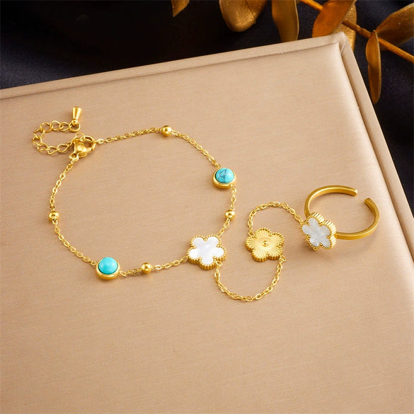 Women's Goldplated Stainless Steel Flower Jewelry Set With Blue Turquoise Accessories Including Chain Bracelet And Ring