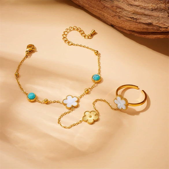 Women's Goldplated Stainless Steel Flower Jewelry Set With Blue Turquoise Accessories Including Chain Bracelet And Ring