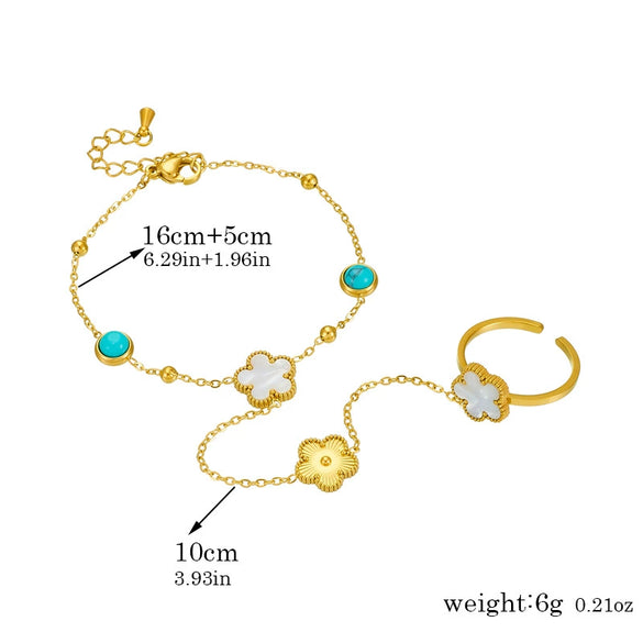 Women's Goldplated Stainless Steel Flower Jewelry Set With Blue Turquoise Accessories Including Chain Bracelet And Ring