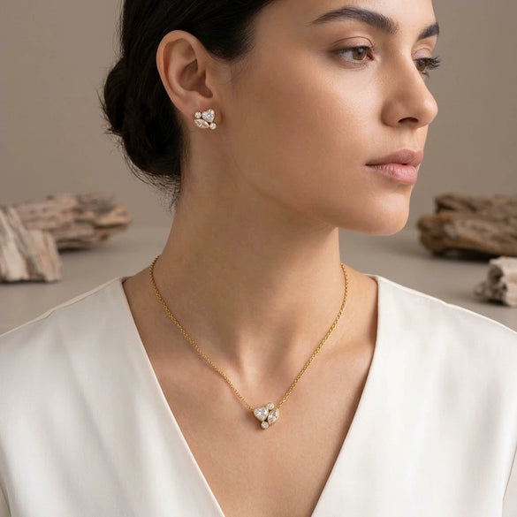 Women's Goldplated Stainless Steel Geometric Heart Necklace And Earring Set With Cubic Zirconia Accents