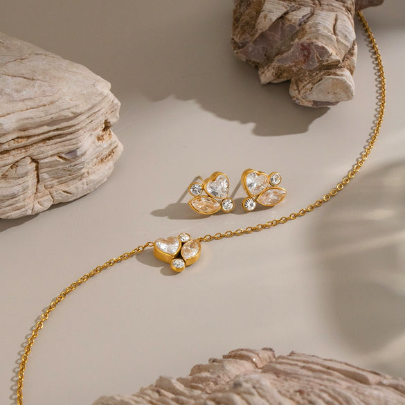 Women's Goldplated Stainless Steel Geometric Heart Necklace And Earring Set With Cubic Zirconia Accents
