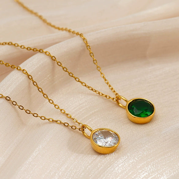 Women's Goldplated Stainless Steel Geometric Oshaped Chain Necklace With Zircon Emerald And White Diamond Accents