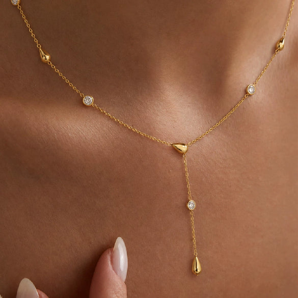 Women's Goldplated Stainless Steel Geometric Teardrop Pendant Yshaped Necklace With Zircon Accents