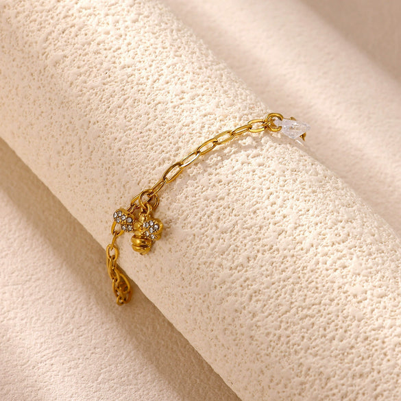Women's Goldplated Titanium Steel Bee And Flower Bracelet With Transparent Crystal Pendant Geometric Square Chain And Sparkling Inlay Details