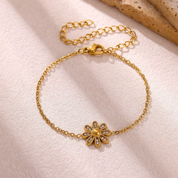 Women's Goldplated Titanium Steel Bee And Flower Bracelet With Transparent Crystal Pendant Geometric Square Chain And Sparkling Inlay Details